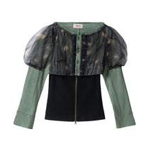 Load image into Gallery viewer, GREEN TULLE AND SUEDE BLOUSE