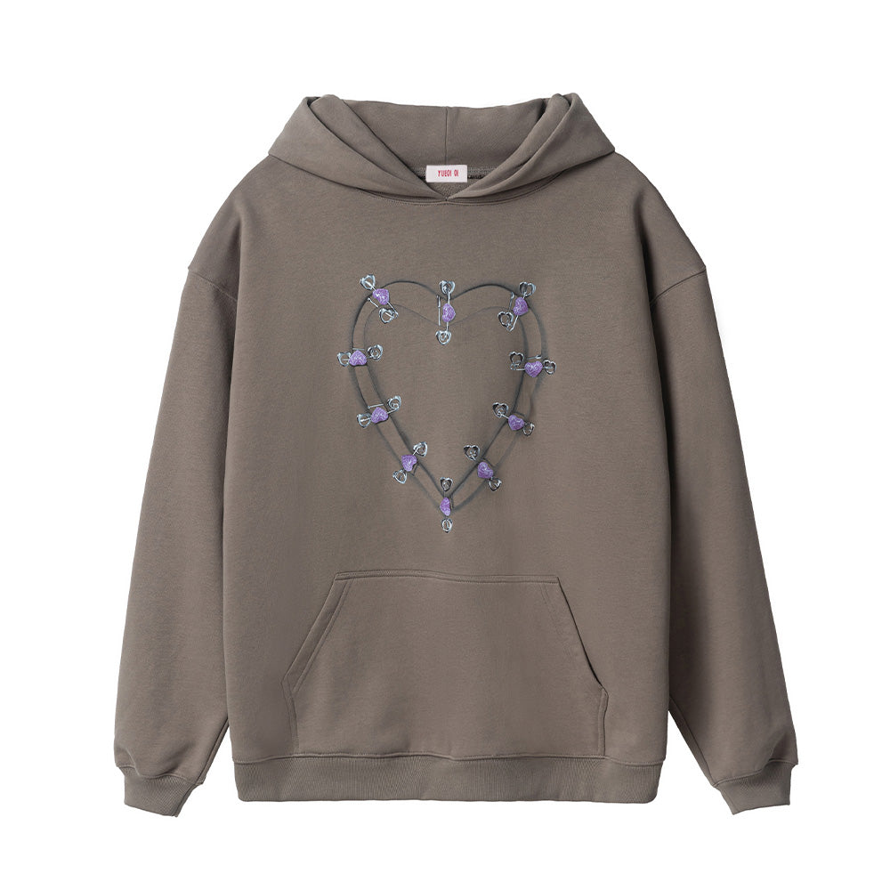 BROWN SAFETY PIN HEART HOODIE