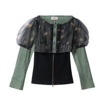Load image into Gallery viewer, GREEN TULLE AND SUEDE BLOUSE
