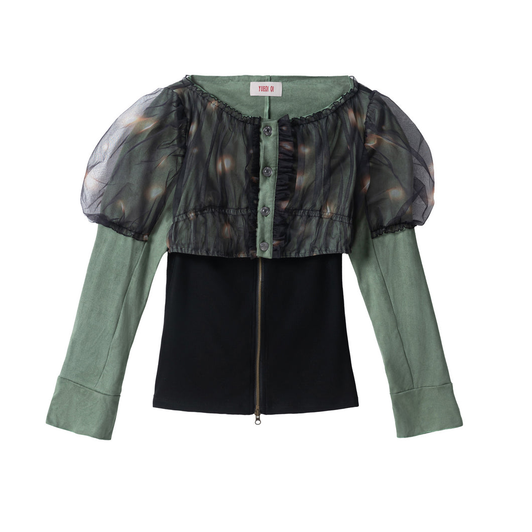 GREEN TULLE AND SUEDE BLOUSE