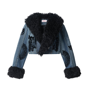 CROPPED UPCYCLED DENIM FAUX-FUR JACKET