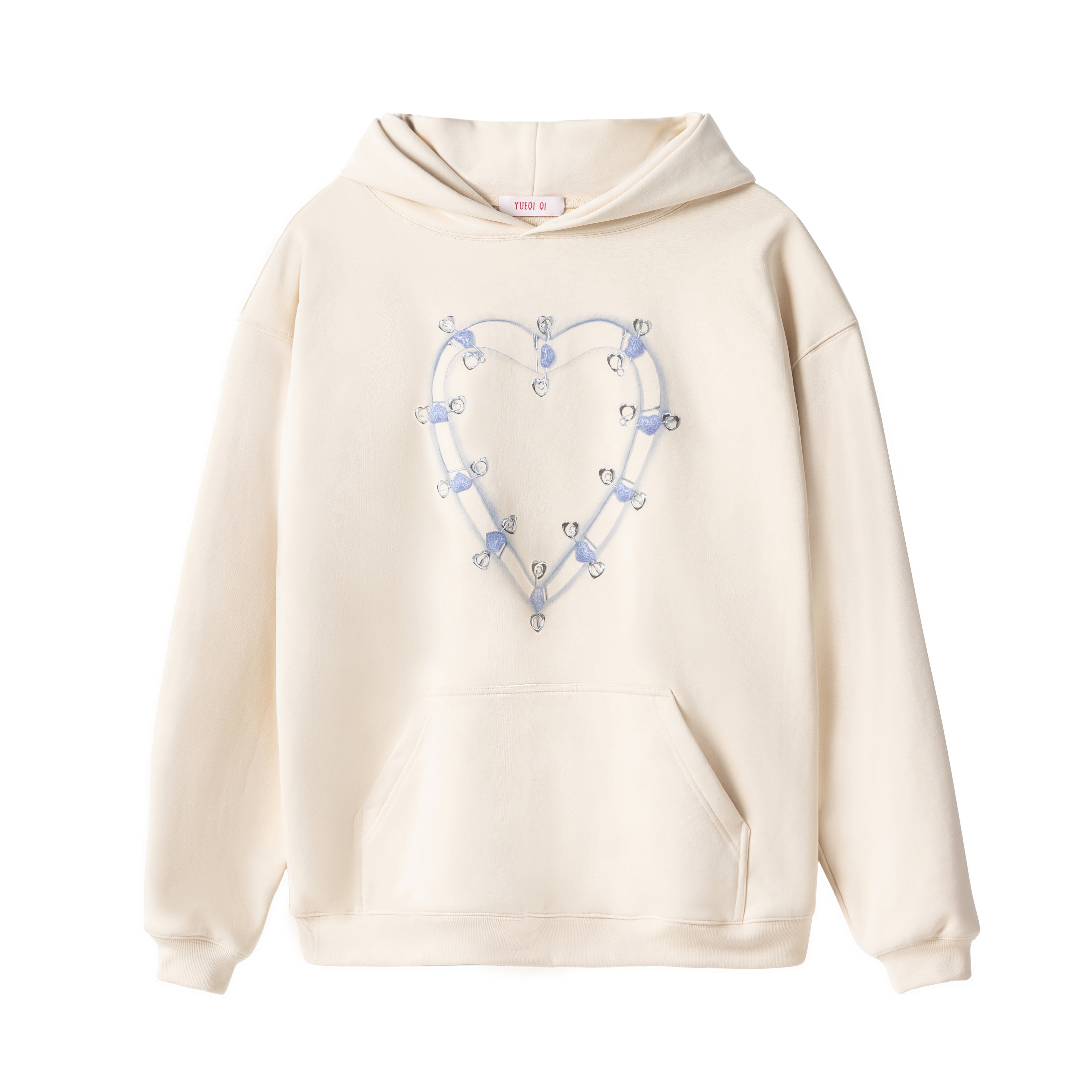 BEIGE SAFETY PIN HEART HOODIE – YUEQI QI