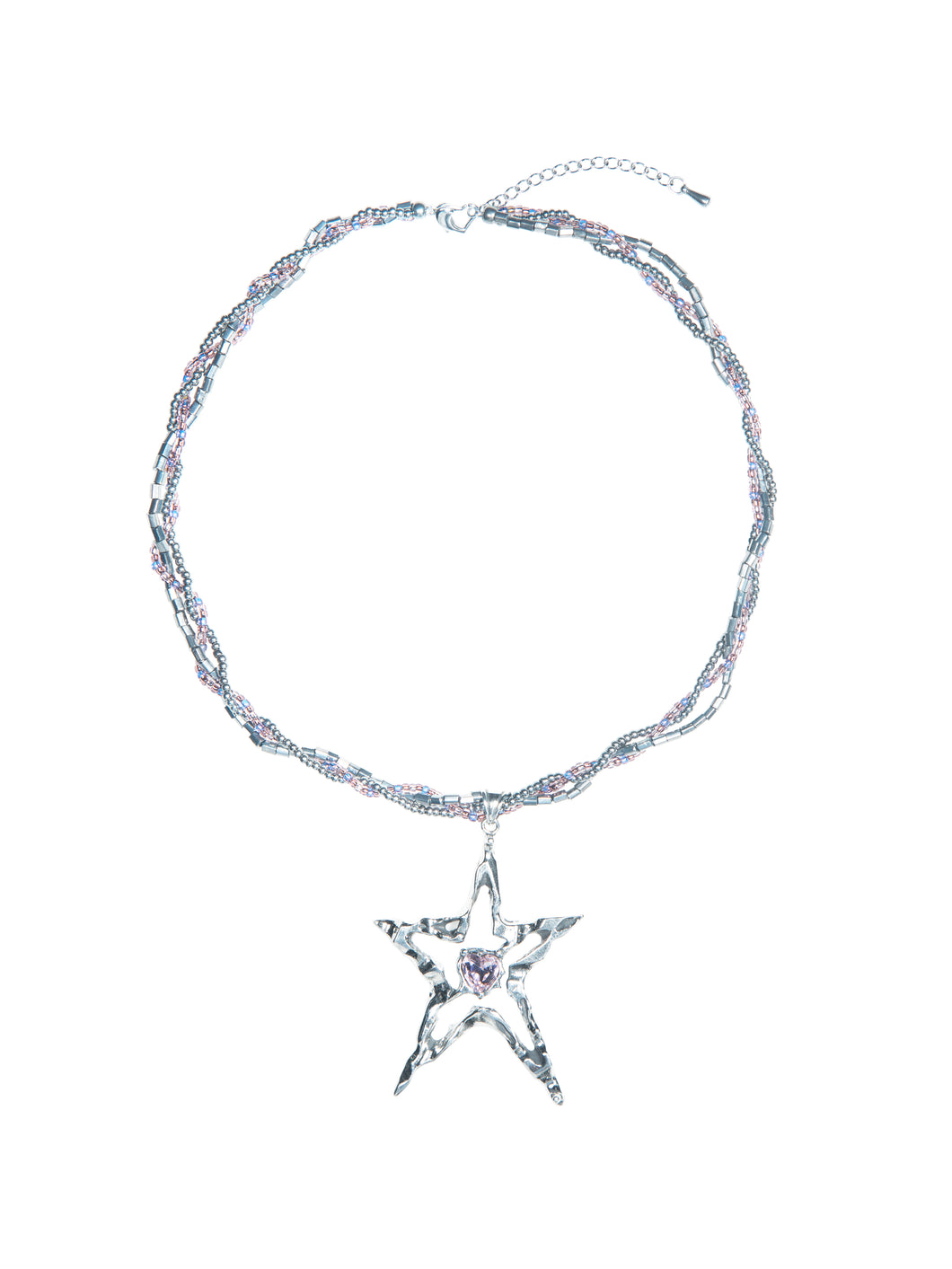 BEADED METAL PLAQUE NECKLACE (PINK STAR)