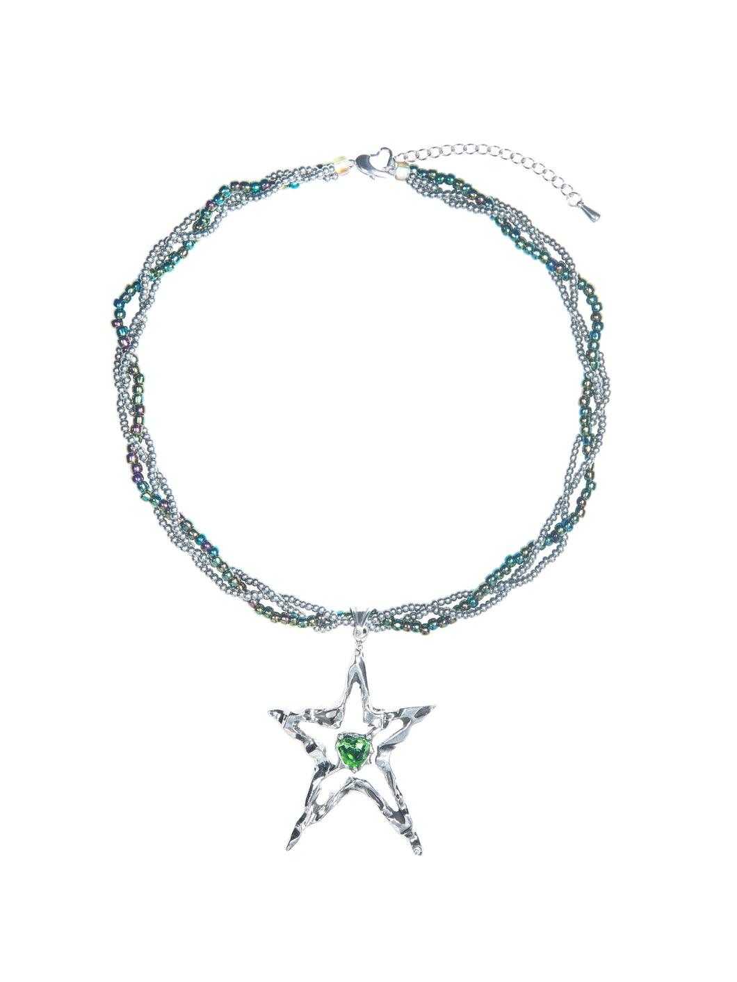 BEADED METAL PLAQUE NECKLACE (GREEN STAR)